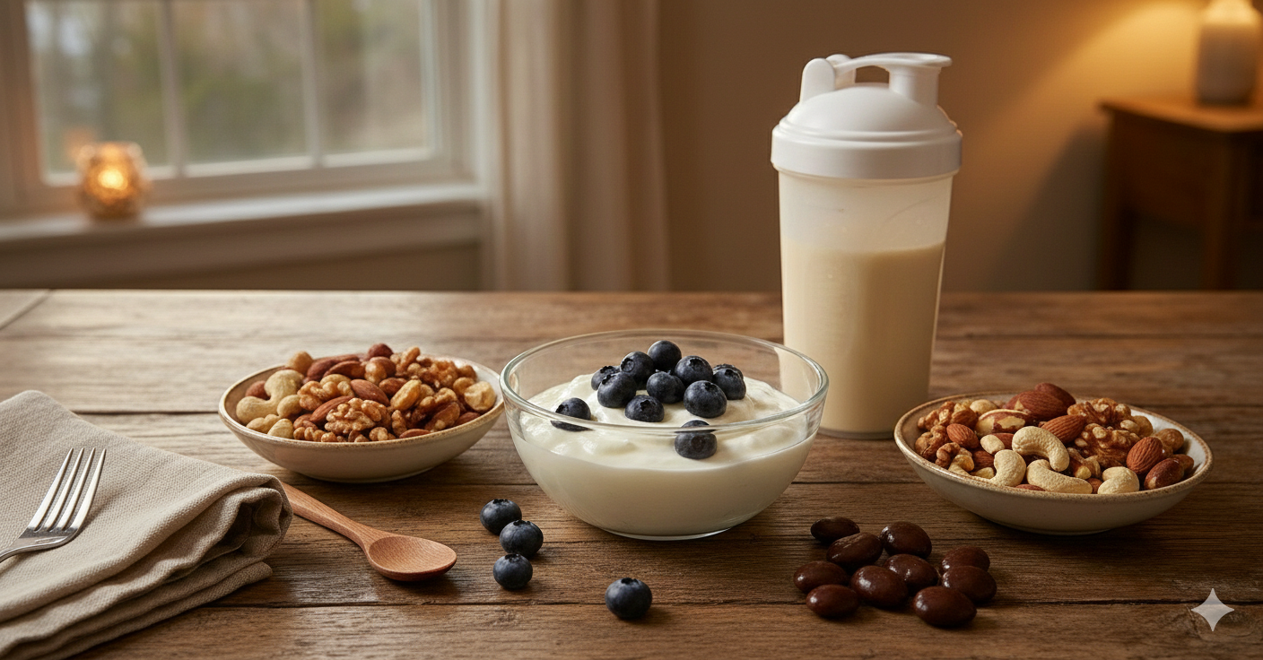 High protein snacks — Greek yogurt, nuts, protein shake