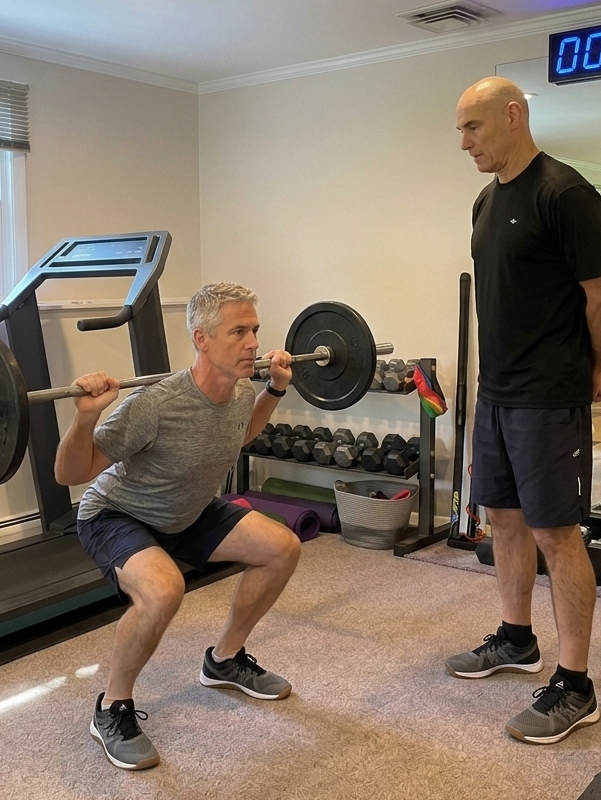 Carlos Perez coaching a client through a squat during in-home personal training in Fairfield County CT