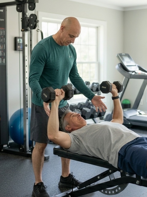 Carlos Perez coaching a client through a dumbbell press in a home gym in Fairfield County CT