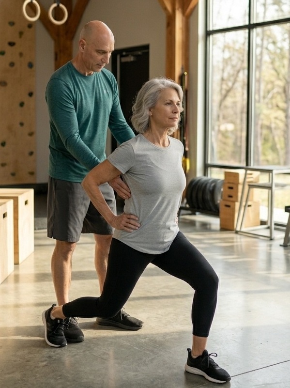 Carlos Perez coaching a woman through a strength exercise during in-home personal training in Greenwich CT
