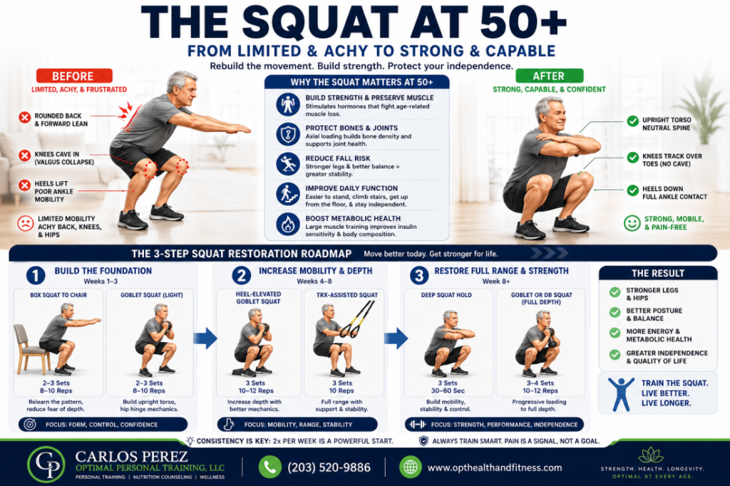 Infographic showing how adults over 50 can rebuild squat strength, with before and after form comparison and a 3-phase restoration roadmap.