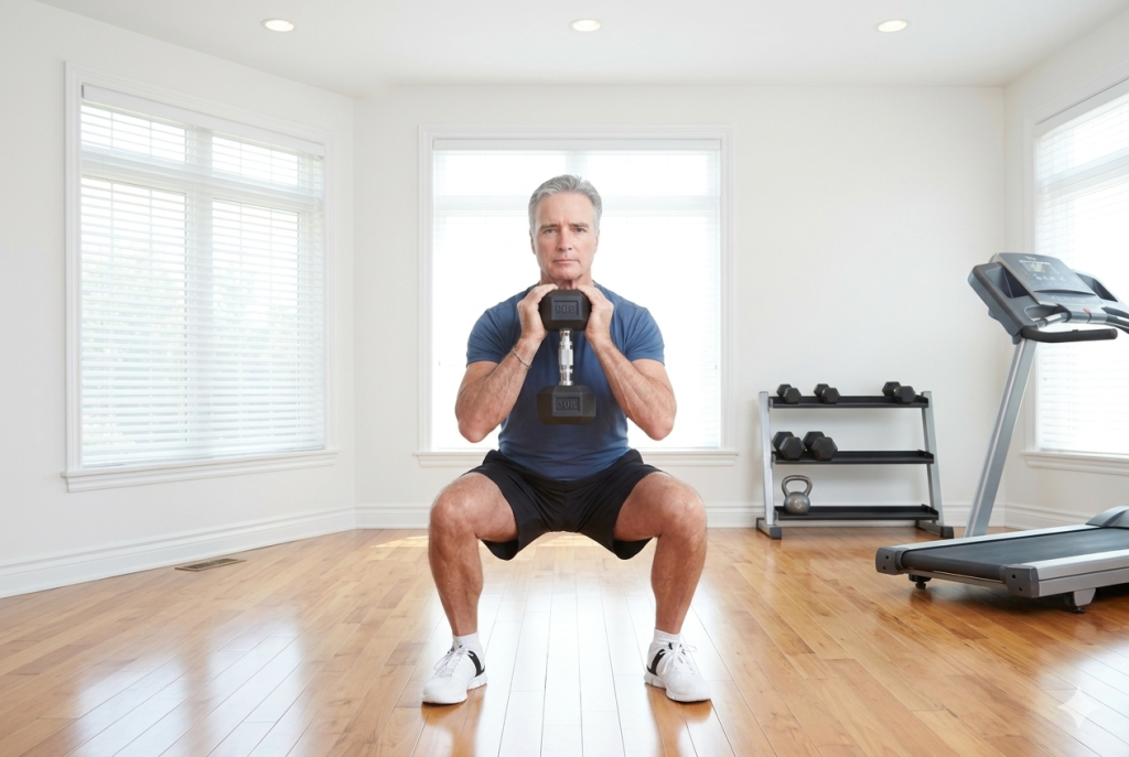Fit man in his 60s performing a perfect goblet squat in a bright upscale home gym with proper form.