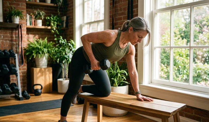 Women doing Dumbbell Row in home gym