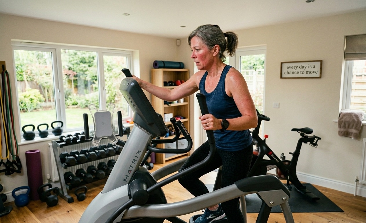 Client on cross trainer performing cardiovascular interval training in home gym