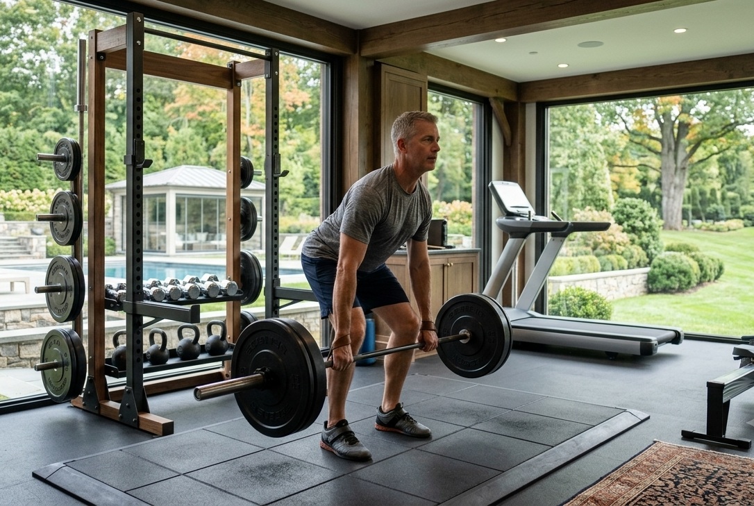 Man performing a deadlift during in-home strength training in a Greenwich CT home gym