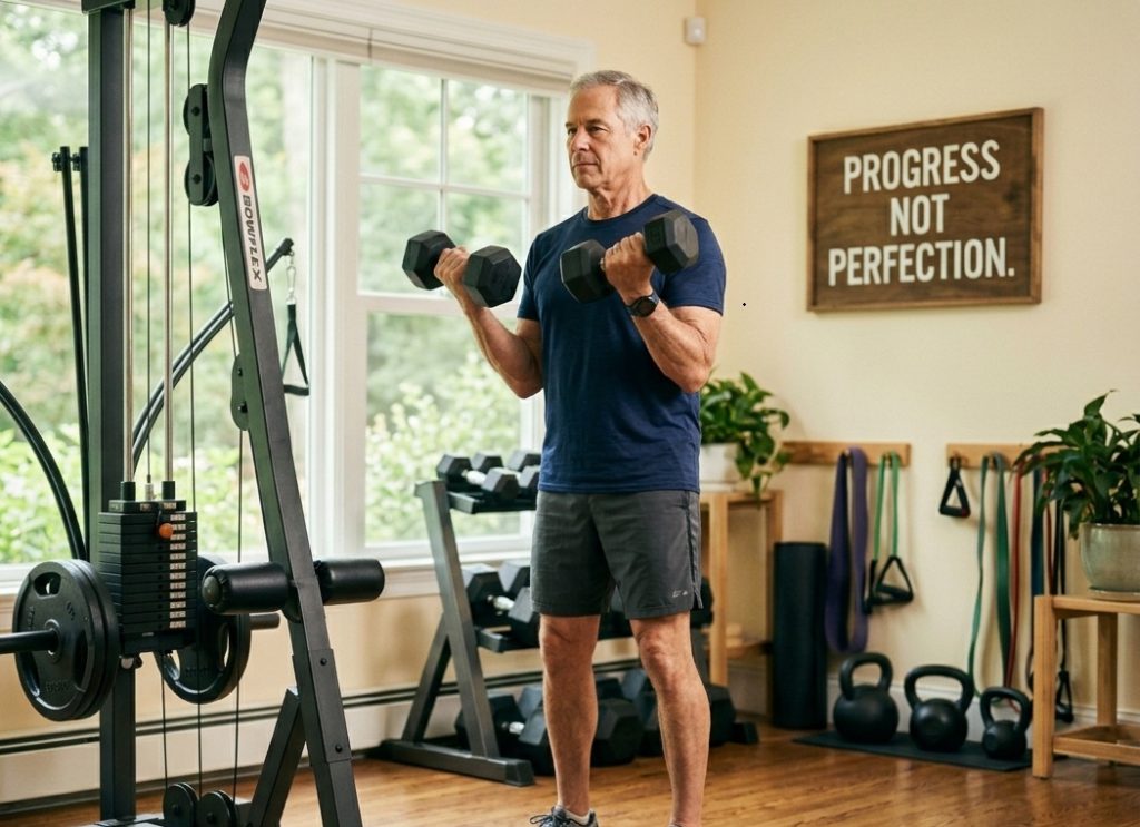 Man performing Biceps Curl with good form and control in home gym in Greenwich CT