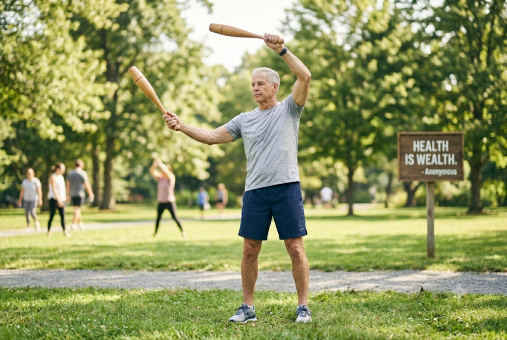 Man using Indian Clubs for Stretching