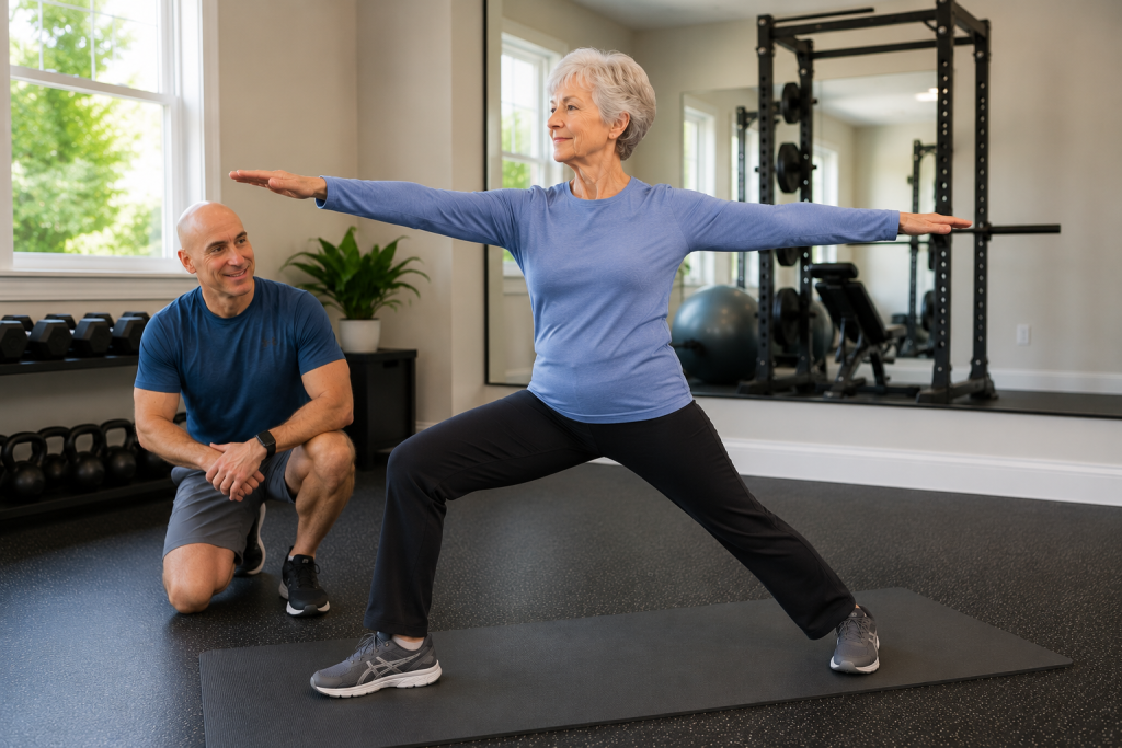 Older Women Performing Warrior Pose