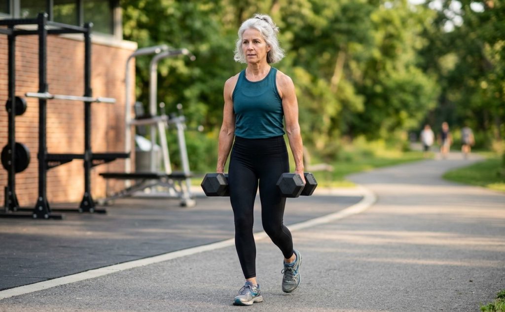 Woman doing Farmer's Carry with Dumbbells
