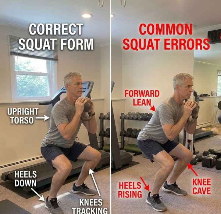 Side-by-side comparison of correct squat form vs. common squat errors, showing proper upright torso, heels down, and knee tracking versus forward lean, heel rise, and knee cave.