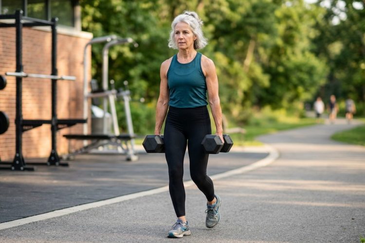 Woman doing Farmer's Carry with Dumbbells